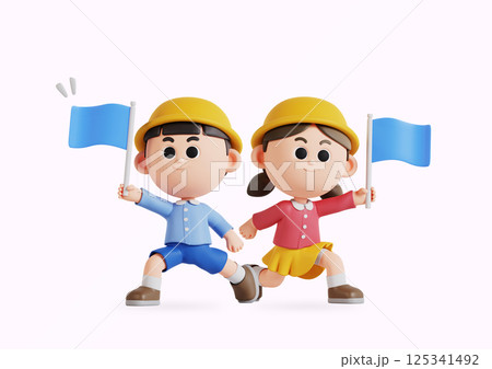 Children wearing kindergarten hats standing in front of the mountain and waving their hands 125341492