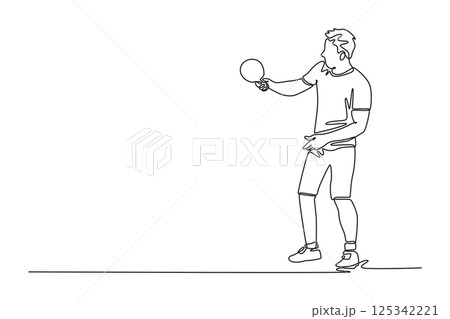 Continuous one line drawing male table tennis player blocking opponent smash attack. Ping pong championship international competition. Sport event. Single line draw design vector graphic illustration Continuous one line drawing male table tennis player blocking opponent smash attack. Ping pong championship international competition. Sport event. Single line draw design vector graphic illustration 125342221