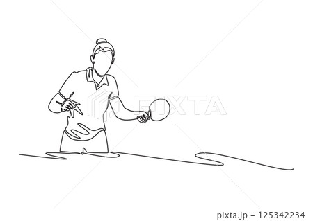 Single continuous line drawing beauty female table tennis player ready for game, training or exercise in indoor hall arena. Healthy sport and leisure. One line draw graphic design vector illustration Single continuous line drawing beauty female table tennis player ready for game, training or exercise in indoor hall arena. Healthy sport and leisure. One line draw graphic design vector illustration 125342234