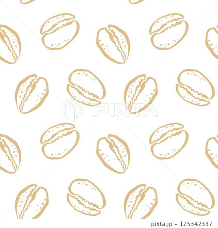 Yellow cowrie shell pattern on white background in hand drawn style for summer ocean packaging and coastal decor Yellow cowrie shell pattern on white background in hand drawn style for summer ocean packaging and coastal decor 125342337