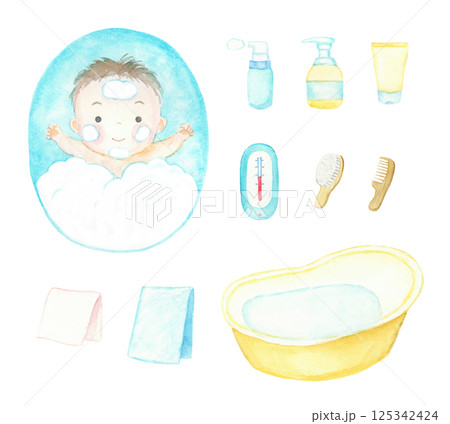 水彩で描いた赤ちゃんおふろ沐浴セット 125342424