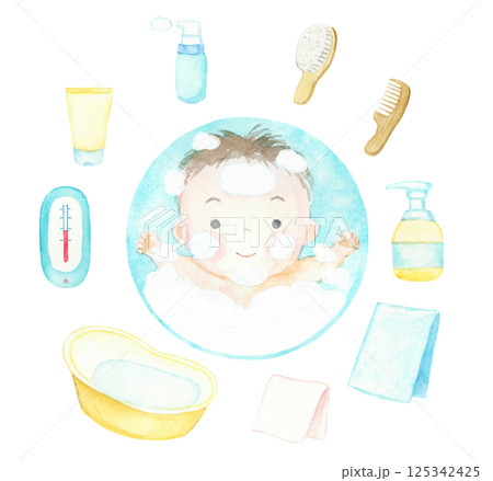 水彩で描いた赤ちゃんおふろ沐浴セット 125342425