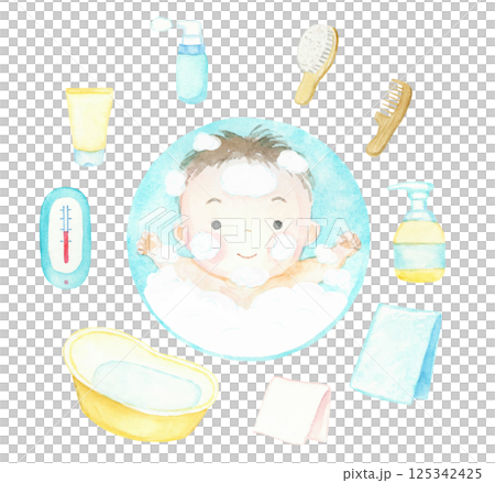 水彩で描いた赤ちゃんおふろ沐浴セット 125342425