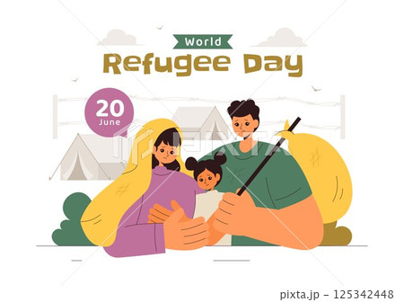World Refugee Day Illustration featuring an Immigrant Family with Their Children in Search of a New Home, with Barbed Wire Fences and a Helping Hand 125342448