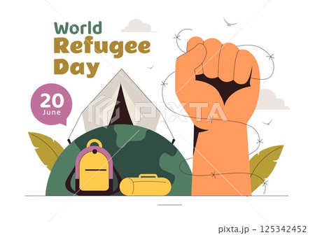 World Refugee Day Illustration featuring an Immigrant Family with Their Children in Search of a New Home, with Barbed Wire Fences and a Helping Hand World Refugee Day Illustration featuring an Immigrant Family with Their Children in Search of a New Home, with Barbed Wire Fences and a Helping Hand 125342452