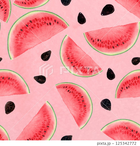 Watermelon juicy slices black seeds. Watercolor seamless pattern on pink background, high quality hand drawn for food design. Packages, textile, wrapping paper, ice cream label, logo, kitchen decor 125342772