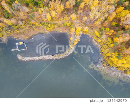 Colorful autumn forest with trees on the shore of a blue lake - top aerial view. 125342970