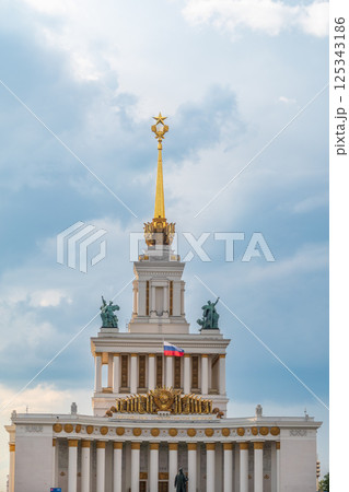 The main pavilion of VDNKh. Pavilion No. 1 Central at the Exhibition of Achievements of the National Economy in Moscow. 125343186