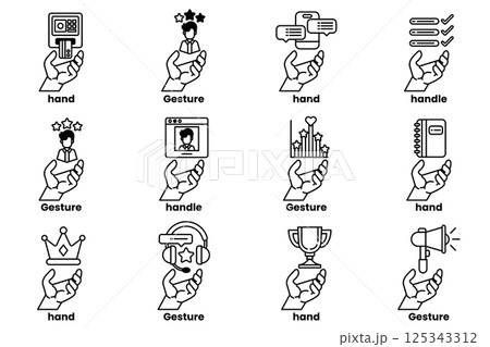 Set of illustrations of hands and things in line art style Set of illustrations of hands and things in line art style 125343312