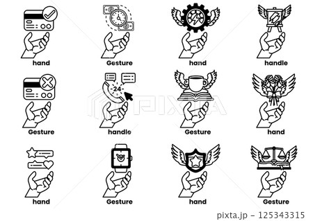 Set of illustrations of hands and things in line art style 125343315