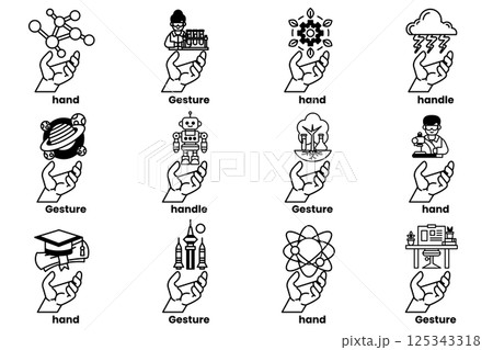 Set of illustrations of hands and things in line art style Set of illustrations of hands and things in line art style 125343318