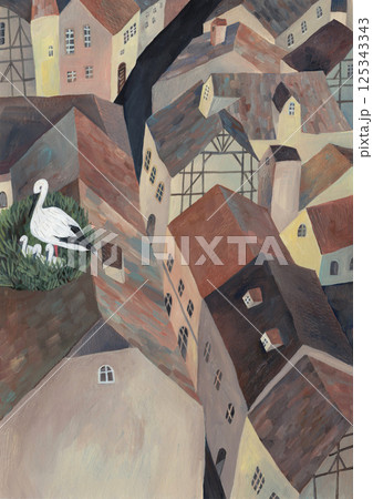 水彩絵の具で描いたヨーロッパの町とコウノトリのイラストレーション 125343343