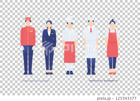 お客様をお迎えする接客業スタッフと飲食店で働く人のベクターイラスト素材。 125343377