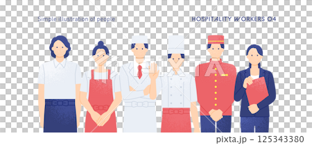 在食品和酒店行業工作。咖啡館、餐廳和酒店中工作的男女的向量插圖。 125343380