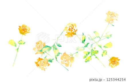 水彩画。水彩タッチの黄色い薔薇イラスト。父の日の黄色い薔薇フレーム。 125344254