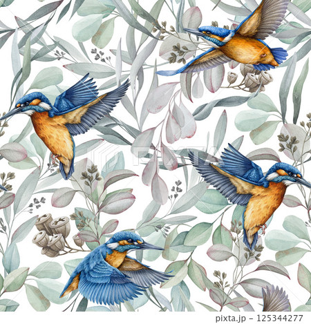 Flying kingfishers with eucalyptus leaves decor seamless pattern element. Watercolor hand drawn wildlife illustration. Bright birds on gum tree leafy background seamless pattern design element Flying kingfishers with eucalyptus leaves decor seamless pattern element. Watercolor hand drawn wildlife illustration. Bright birds on gum tree leafy background seamless pattern design element 125344277