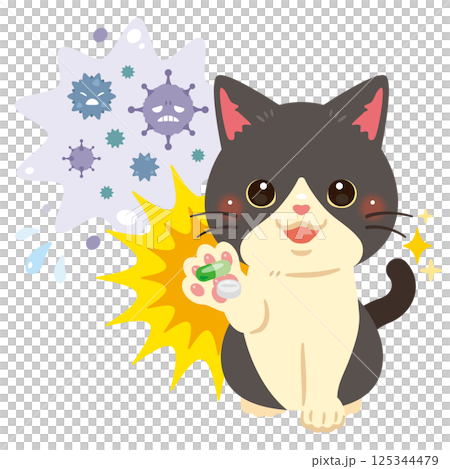 Illustration of a cat recovering after being treated for a virus with medicine 125344479