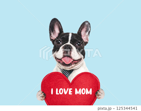 Cute puppy and sign with love words for Mom 125344541