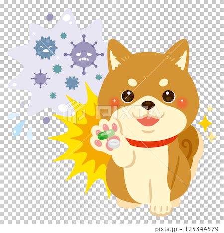 Illustration of a Shiba Inu dog recovering after being treated for a virus with medicine Illustration of a Shiba Inu dog recovering after being treated for a virus with medicine 125344579