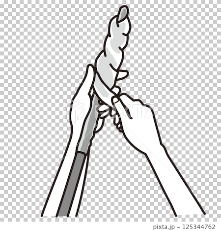 雙手將麵團裹在棍子上 — 單色插圖 雙手將麵團裹在棍子上 — 單色插圖 125344762