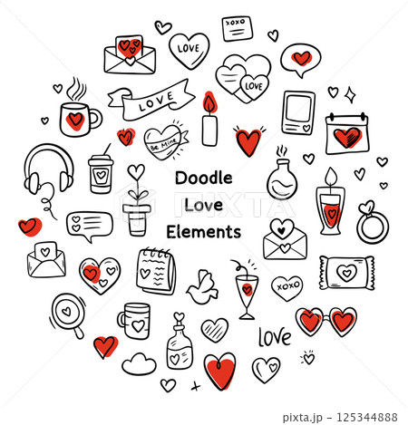 Love simple doodle illustration for design. Wedding elements, hearts, romantic icons. Valentine's day. Love clipart 125344888