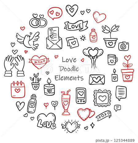 Doodle love illustration for design. Wedding elements, hearts, romantic icons. Valentine's day. Love clipart Doodle love illustration for design. Wedding elements, hearts, romantic icons. Valentine's day. Love clipart 125344889