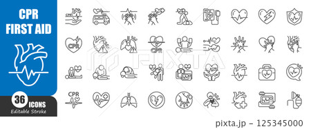 CPR . Cardiopulmonary Resuscitation . Medical outline icon . Editable stroke . Vector . 125345000