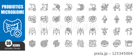 Probiotics and microbiome . Medical outline icon . Editable stroke . Vector . 125345004