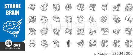Stroke . Cerebrovascular accident . Medical outline icon . Editable stroke . Vector . 125345006