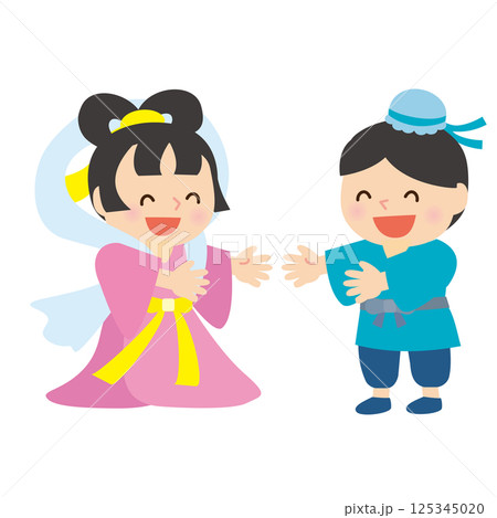 七夕　織姫と彦星が笑顔で会っているイラスト 125345020