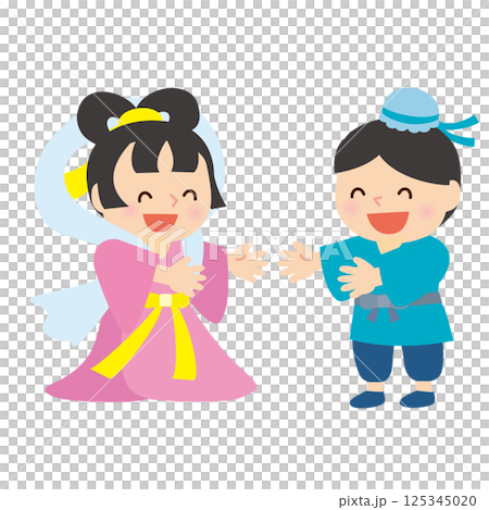 七夕　織姫と彦星が笑顔で会っているイラスト 125345020