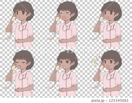A set of 6 types of facial expressions of a dark-skinned female nurse talking on a phone 125345081