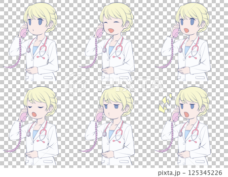 金髮女醫生在電話裡說話，有 6 種不同的面部表情 125345226