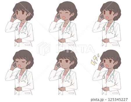 スマホで電話をかける褐色肌の女性医師・様々な表情6種類セット 125345227