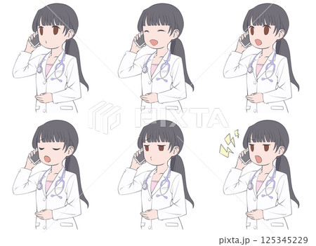 スマホで電話をかける黒髪の女性医師・様々な表情6種類セット 125345229
