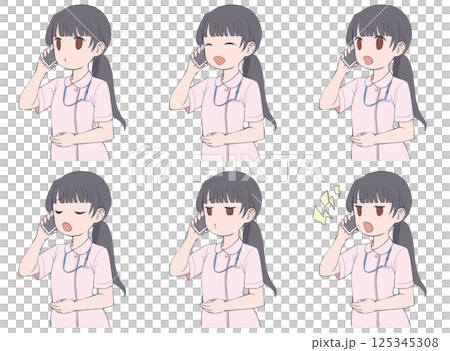 一位黑髮女護士用智慧型手機打電話 — 6 種不同的臉部表情 125345308