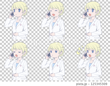 金髮女藥劑師用智慧型手機打電話 — — 6 種不同的臉部表情 金髮女藥劑師用智慧型手機打電話 — — 6 種不同的臉部表情 125345309