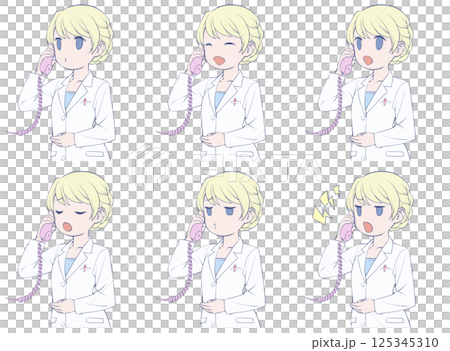 Blonde female pharmacist talking on the phone, set of 6 different facial expressions 125345310