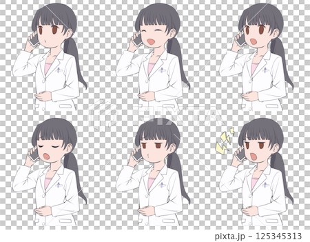 A black-haired female pharmacist making a phone call on her smartphone - set of 6 different facial expressions 125345313