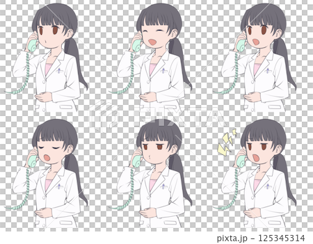 一位黑髮女藥劑師在電話中交談的 6 種面部表情 125345314