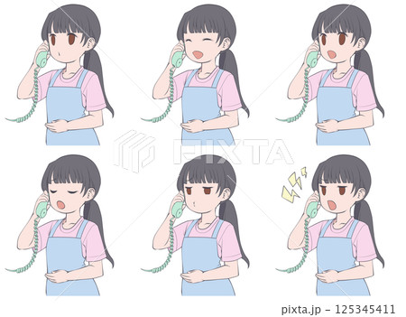 受話器を持って話すエプロン姿の黒髪の女性・様々な表情6種類セット 受話器を持って話すエプロン姿の黒髪の女性・様々な表情6種類セット 125345411
