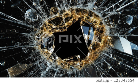 Close-up of shattered glass with golden edges creating star-shaped hole 125345554