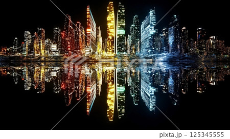 Vibrant night cityscape with colorful lights reflected on water 125345555