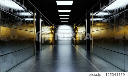 Futuristic metallic corridor with reflective surfaces and neon lighting 125345559