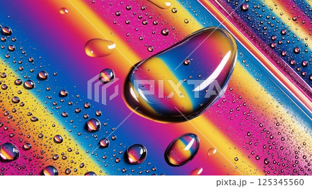 Vibrant water droplets on rainbow-colored surface 125345560