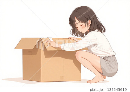 ダンボール箱をガムテープで閉じる女性 125345619