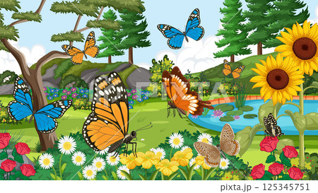 Vibrant Garden with Butterflies and Sunflowers Vibrant Garden with Butterflies and Sunflowers 125345751