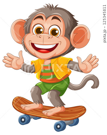 Cheerful Monkey Skateboarding in Colorful Attire 125345811