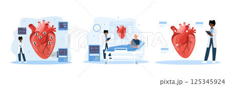 Cardiologist concept. Cardiac surgeon. African Female doctor examination Heart disease. Set of Vector illustrations in flat cartoon style Cardiologist concept. Cardiac surgeon. African Female doctor examination Heart disease. Set of Vector illustrations in flat cartoon style 125345924