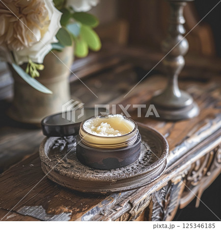 Cosmetic cream in a glass jar. Skin care concept. Background for beauty products 125346185